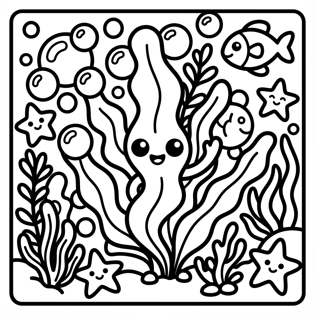Smiling seaweed/kelp plant in simple thick line art, great for mindful coloring pages.